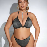 NEW  Swim SXY Conjunto de bikini sexy de talla grande para mujeres con decoracion brillante de imitacion de perlas y cuello halter, que incluye cubierta de malla para la falda