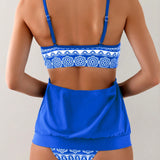 Swim Conjunto de Tankini para mujeres con Cami Top calado y estampado integral de fondo de bano, adecuado para usar en playa y piscina