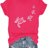 LUNE Camiseta casual de patron de boceto de tortuga para mujeres para la primavera y el verano