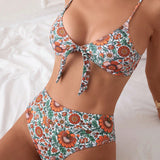 Swim Vcay Conjunto de bikini sencillo de nudo delantero y moda floral impreso para vacaciones de verano en la playa para mujeres. Patron floral aleatorio