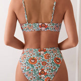 Swim Vcay Conjunto de bikini sencillo de nudo delantero y moda floral impreso para vacaciones de verano en la playa para mujeres. Patron floral aleatorio