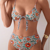 Swim Vcay Conjunto de bikini sencillo de nudo delantero y moda floral impreso para vacaciones de verano en la playa para mujeres. Patron floral aleatorio