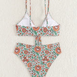 Swim Vcay Conjunto de bikini sencillo de nudo delantero y moda floral impreso para vacaciones de verano en la playa para mujeres. Patron floral aleatorio