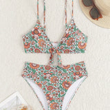 Swim Vcay Conjunto de bikini sencillo de nudo delantero y moda floral impreso para vacaciones de verano en la playa para mujeres. Patron floral aleatorio