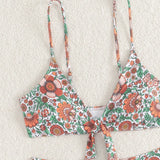 Swim Vcay Conjunto de bikini sencillo de nudo delantero y moda floral impreso para vacaciones de verano en la playa para mujeres. Patron floral aleatorio