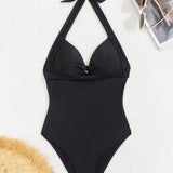 Swim Traje de bano de una pieza en negro y blanco para mujer con correas de halter sencillas para playa en verano