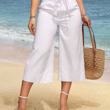 VCAY Culottes blancos de mezclilla de cintura alta para mujer con cinturon anudado y bolsillos para uso casual (longitud 7/8)