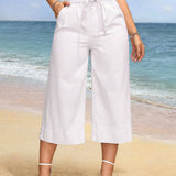 VCAY Culottes blancos de mezclilla de cintura alta para mujer con cinturon anudado y bolsillos para uso casual (longitud 7/8)