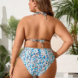 Swim Vcay Conjunto de bikini con estampado de leopardo con cuello halter para mujer de talla grande para moda de playa de verano y cubierta