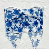WYWH Top azul y blanco sin tirantes retorcido con flores para unas vacaciones de verano