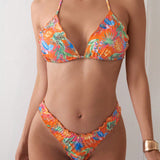 Swim Traje de bano para mujer con estampado colorido de patron aleatorio, amarrado al cuello con diseno separado de la parte superior e inferior