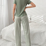 Conjunto de ropa de dormir con camisa de manga corta con estampado de oso y pantalones a cuadros, para primavera/verano
