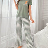 Conjunto de ropa de dormir con camisa de manga corta con estampado de oso y pantalones a cuadros, para primavera/verano