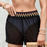Shorts de malla translucida fina con banda tejida de colores para mujeres, cubierta de playa