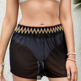 Shorts de malla translucida fina con banda tejida de colores para mujeres, cubierta de playa