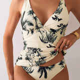 Swim Chicsea Parte superior de tankini con estampado de palmeras y Bottom de natacion triangular para mujeres de verano en vacaciones, impresion aleatoria