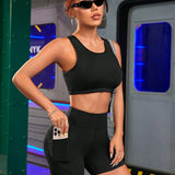Sport Streetz Conjunto deportivo atletico de verano para mujer, de ajuste delgado, compuesto por una camiseta corta y un short de bolsillo, ambos de un unicolor