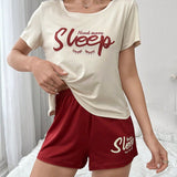 Conjunto de pijama de mujer con camiConjuntoa de manga corta y shorts con lema impreso