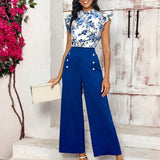 Clasi Traje elegante de verano para mujeres con blusa de manga corta con cuello plisado y detalle de botones y pantalones anchos con detalle de fruncido para vacaciones