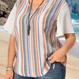 Camisa de verano de rayas para mujeres en as grandes con mangas con volantes