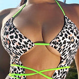Swim SXY Traje de bano de una pieza para mujer con estampado de leopardo, halter con lazos alrededor del cuello y la cintura