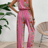 VCAY Sleeveless Vintage Print Jumpsuit With Elastic Waistband, Perfect For Vacation
