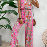 VCAY Sleeveless Vintage Print Jumpsuit With Elastic Waistband, Perfect For Vacation