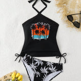 Swim Conjunto de tankini con cuello Halter estampado con palmeras para mujeres de vacaciones y playa