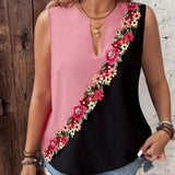 Camisa casual de verano sin mangas con cuello en V, bordado de flores y bloque de color de a grande