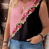 Camisa casual de verano sin mangas con cuello en V, bordado de flores y bloque de color de a grande