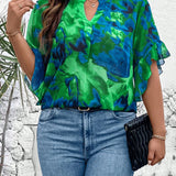 Camisa holgada para mujer de a grande de verano con estampado floral, cuello con muesca y mangas acampanadas para vacaciones