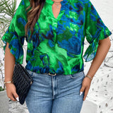 Camisa holgada para mujer de a grande de verano con estampado floral, cuello con muesca y mangas acampanadas para vacaciones