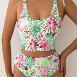 Swim Conjunto de tankini floral para mujer con estampado para vacaciones, con parte superior con lazo delantero a juego y pantalones cortos