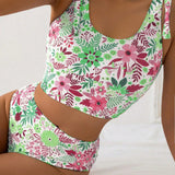 Swim Conjunto de tankini floral para mujer con estampado para vacaciones, con parte superior con lazo delantero a juego y pantalones cortos