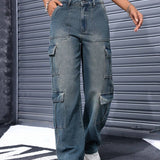 EZwear Jeans holgados y rectos para mujer con multiples bolsillos utilitarios para uso diario informal