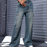 EZwear Jeans holgados y rectos para mujer con multiples bolsillos utilitarios para uso diario informal