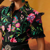 Frida Kahlo    Designer Pompi Garcia Camisa floral impresa con encaje de contraste para verano