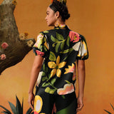 Frida Kahlo    Designer Caterine Sanchez Blusa de manga abullonada y cuello con lazo con estampado floral para el verano