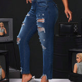 SXY Mujeres Jeans informales ajustados con bolsillos y detalles desgastados