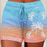Essnce Pantalones cortos degradados con impresion de arboles de coco y letras para vacaciones en la playa
