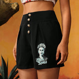 Frida Kahlo X  Shorts de mujer de pliegues doblados y abotonadura simple con impresion de letras y personajes, ideales para verano