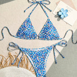 Swim Mod Conjunto de bikini sexy para mujer con estampado floral y cuello halter, impresion aleatoria, perfecto para vacaciones