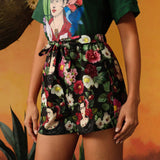 Frida Kahlo X  Corto estampado con figura y flores, de ocio y verano, con cinturon