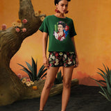 Frida Kahlo X  Corto estampado con figura y flores, de ocio y verano, con cinturon