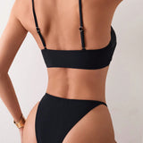 Swim Conjunto de bikini inalambrico para mujer con detalles metalicos solidos, sencillo y con estilo, ideal para vacaciones de verano