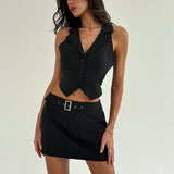 Aloruh Conjunto de chaleco y falda para mujer con cinturon, atuendo de negocios en negro simple