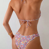 Swim Conjunto de bikini con estampado floral pequeno para mujer con cuello halter para playa de verano o vacaciones, impresion aleatoria