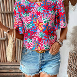 LUNE Camisa casual de verano estampada floral con cuello redondo