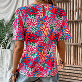 LUNE Camisa casual de verano estampada floral con cuello redondo