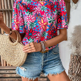 LUNE Camisa casual de verano estampada floral con cuello redondo